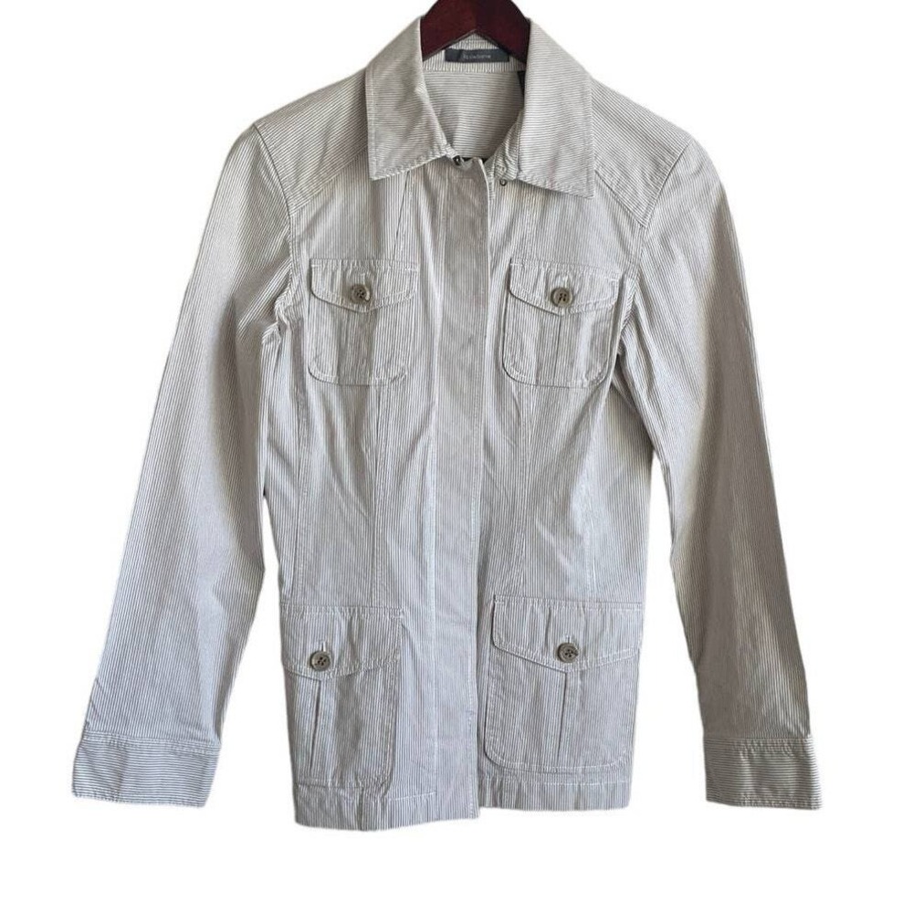 Liz Claiborne Women Chore Jacket 6 White Tan Pinstripe Lightweight‎ Preppy Y2K